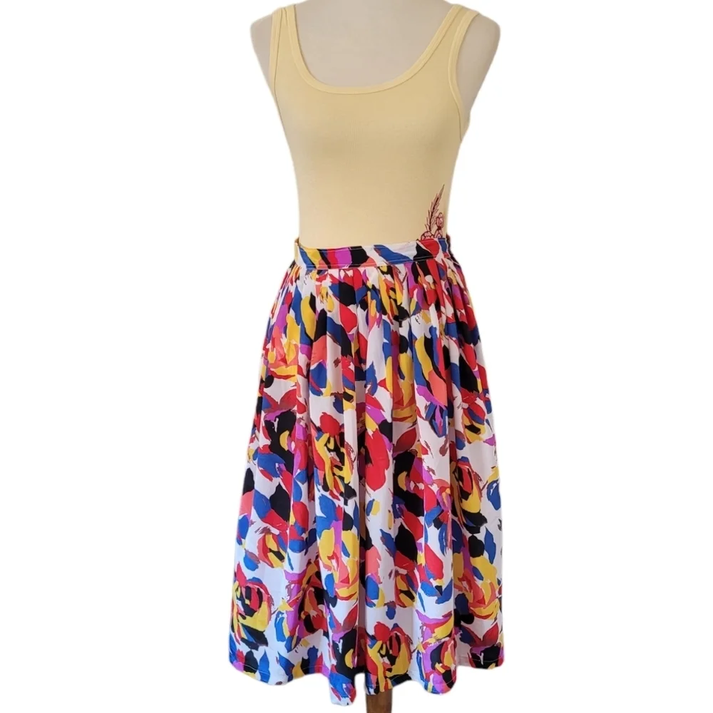Vintage Handmade Multi-color Pleated Waist‎ Midi Skirt